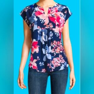 Liz Claiborne Womens Split Crew Neck Short Sleeve Floral Blouse